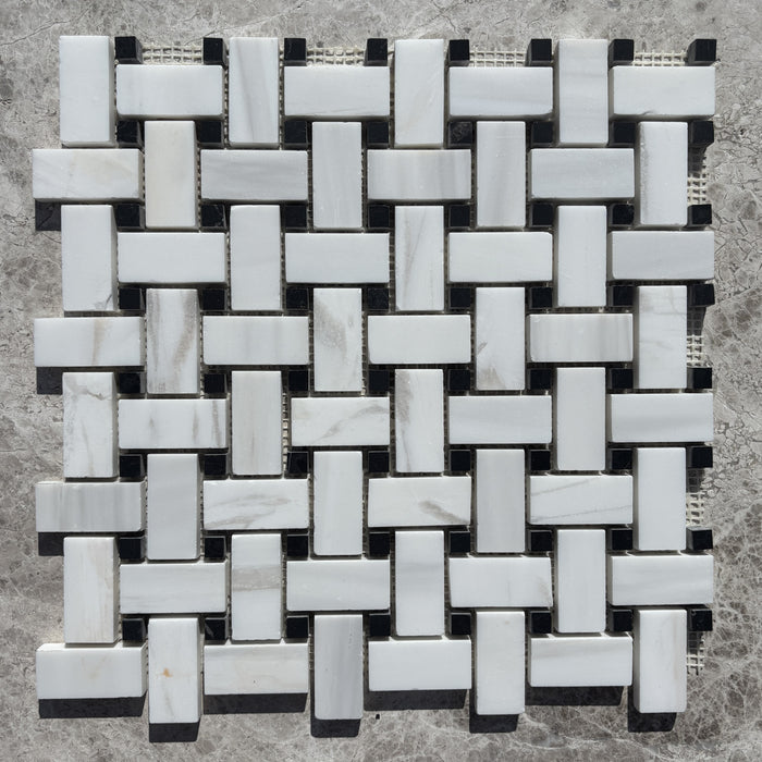 Smokey Dolomite Basketweave with Nero Maquina Dot Mosaic Honed