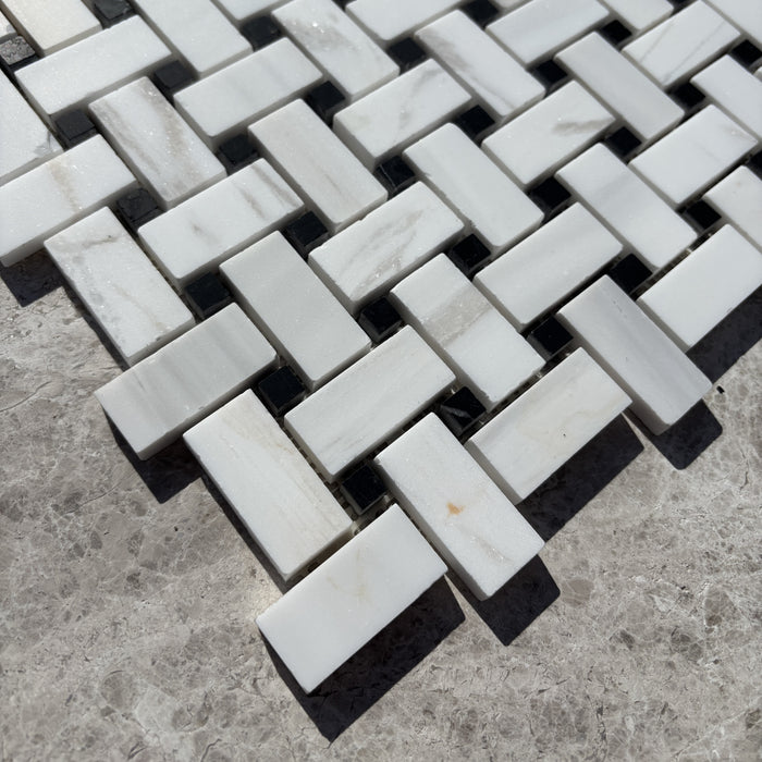 Smokey Dolomite Basketweave with Nero Maquina Dot Mosaic Honed