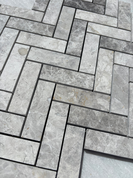 Tundra Grey Marble Medium Herringbone Mosaic
