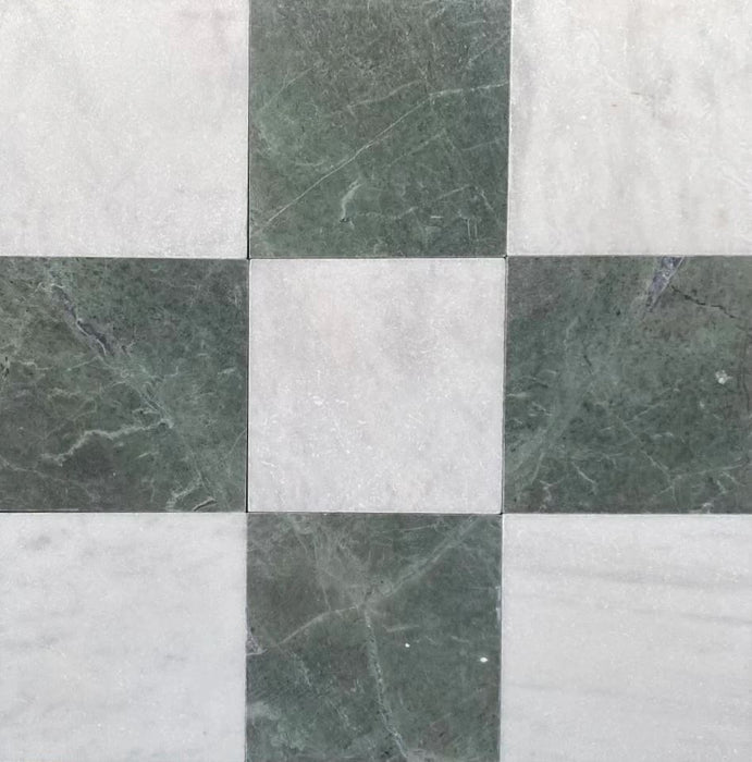 Checkerboard Verde & Milos Marble Tile