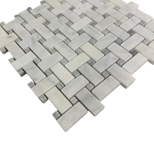 Basketweave Carrara & Bardiglio Dot Basketwave Marble Mosaic