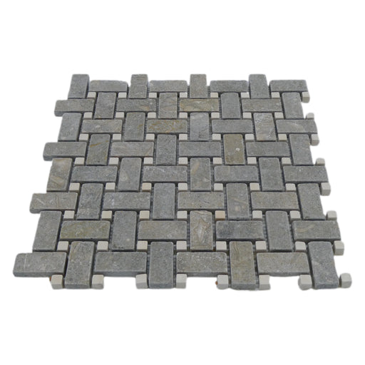 Chateau Green Fossil Basketweave with White Fossil Dot Limestone Mosaic