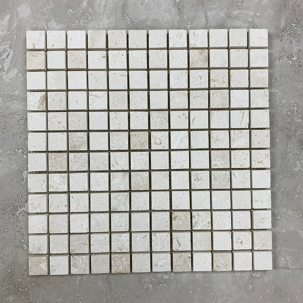 WHITE FOSSIL LIMESTONE SMALL SQAURE BRUSHED MOSAIC