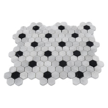 Load image into Gallery viewer, IMPERIAL WHITE AND NERO MARQUINA MARBLE 23MM HEXAGON HONED MOSAIC

