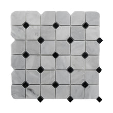 Load image into Gallery viewer, IMPERIAL WHITE MARBLE HEXAGON + NERO MARQUINA DOT HONED MOSAIC
